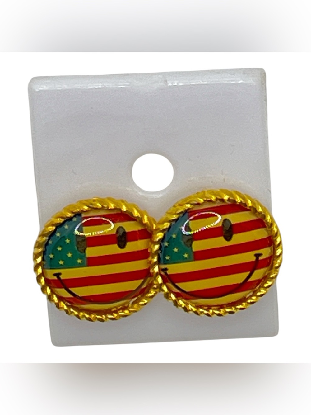 USA Flag Happy Face Earrings, White, & Blue Patriotic Emoji Style